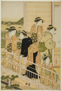 Frauen auf einem Balkon eines Yoshiwara-Teestuben von Katsukawa Shuncho