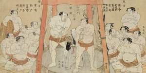 Ein Triptychon zeigt ein Unentschieden im Kampf zwischen Onogawa und Tanikaze