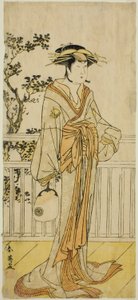 Der Schauspieler Iwai Hanshiro IV als Okumi vom Mieido-Fanshop im Stück Sanjuk-koku Yobune no Hajimari, aufgeführt im Ichimura-Theater im fünften Monat, 1789 von Katsukawa Shun
