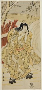 Der Schauspieler Iwai Hanshiro IV als Junge, der auf seine Hände bläst neben einem großen Schneeball, im Stück Nigiwai Genji Hana Saku Kado, aufgeführt im Kawarazaki Theater im elften Monat, 1793 von Katsukawa Shun