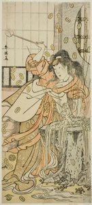 Der Schauspieler Segawa Kikunojo III als Drachenjungfrau verkleidet als Osaku im Stück Sayo no Nakayama Hiiki no Tsurigane, aufgeführt im Nakamura-Theater im elften Monat, 1790 von Katsukawa Shun