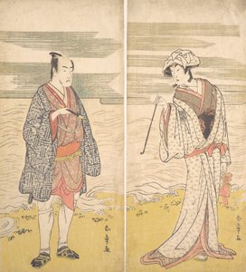 Zwei Schauspieler: der vierte Matsumoto Koshiro als ein Mann in einem kurzen Kimono [links] von Katsukawa Shunjo