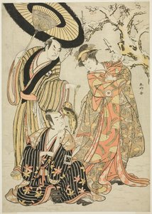 Schauspieler Iwai Hanshirō IV, Ichikawa Monnosuke II und Sakata Hangorō III in „Schneeflocken: Die Fahne in Izu hissen“ („Mutsu no Hana Izu no Hataage“) von Katsukawa Shunkо̄
