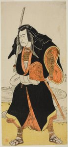 Der Schauspieler Ichikawa Danjuro V, wahrscheinlich als Ise no Saburo verkleidet als Sanjo Uemon, Anführer einer Räuberbande, im zweiten Teil des Stücks Fude-hajime Kanjincho (Erste Kalligraphie des neuen Jahres: Kanjincho [Die Abonnentenliste]), aufgeführ