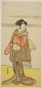 Der Schauspieler Iwai Hanshiro IV als Hitomaru verkleidet als Geisha Oshun im Stück Edo no Hana Mimasu Soga, aufgeführt im Nakamura-Theater im dritten Monat, 1783 von Katsukawa Shunkо̄