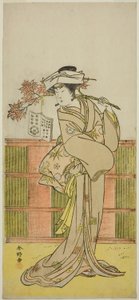 Der Schauspieler Iwai Hanshiro IV als Umegae verkleidet als die Wahrsagerin Omatsu im Stück Mukashi Otoko Yuki no Hinagata, aufgeführt im Ichimura Theater im elften Monat, 1781 von Katsukawa Shunkо̄