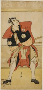 Der Schauspieler Sakata Hangoro III als Omi no Kotoda im Stück Haru no Nishiki Date-zome Soga, aufgeführt im Nakamura-Theater im zweiten Monat, 1790 von Katsukawa Shunkо̄