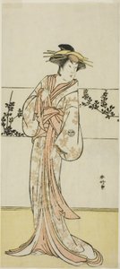 Der Schauspieler Segawa Kikunojo III, möglicherweise als Kurtisane Kojoro von Hakata, im Stück Chiyo no Hajime Ondo no Seto (Anfänge der Ewigkeit: Die Ondo-Straßen im Seto-Binnenmeer), aufgeführt im Kiri-Theater ab dem siebenundzwanzigsten Tag des Siebten