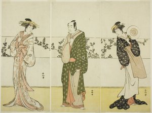 Die Schauspieler Osagawa Tsuneyo II (rechts), Ichikawa Monnosuke II (Mitte) und Segawa Kikunojo III (links), möglicherweise als Misao Gozen, Matsuya Soshichi und die Kurtisane Kojoro von Hakata, im Stück Chiyo no Hajime Ondo no Seto (Anfänge der Ewigkeit:  von Katsukawa Shunkо̄