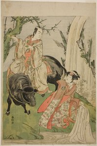 Die Schauspieler Segawa Kikunojo III als Prinzessin Hatsune (Hatsune Hime) und Ichikawa Monnosuke II als Miyukinosuke Yukinari im Stück Otokoyama Furisode Genji, aufgeführt im Kiri-Theater im elften Monat, 1785 von Katsukawa Shunkо̄