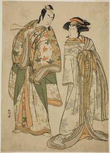 Die Schauspieler Segawa Kikunojo III als Kurtisane Sumizome (rechts) und Ichikawa Monnosuke II als Goinosuke Yoshimine (links) im Stück Juni-hitoe Komachi-zakura, aufgeführt im Kiri-Theater im elften Monat, 1784 von Katsukawa Shunkо̄