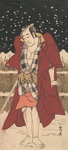 Onoe Matsusuke als bewaffneter Mann, der im Schnee vor einem Zaun steht, 1786