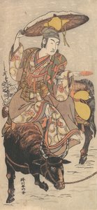Der Schauspieler Matsumoto Koshiro IV auf einem Ochsen in einem Schneesturm, ca. 1790