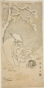 Ein Pilger, der die Nacht hindurch zum Buddha betet (kannenbutsu), wird von einem geisterhaften Kopf auf dem schneebedeckten Boden erschreckt von Katsukawa Shunsho