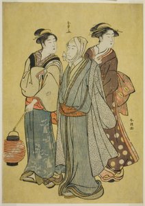 Ein junger Mann, gekleidet als Schauspieler der Ichikawa-Familie (von Shunsho), ein Dienstmädchen und eine Geisha (von Shuncho)