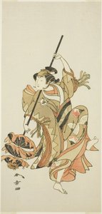 Der Schauspieler Iwai Hanshirô IV führt den Dreifach-Regenschirmtanz in „Blume Japans: Ono no Komachis fünf Charaktere“ („Kuni no Hana Ono no Itsumoji“) auf von Katsukawa Shunsho