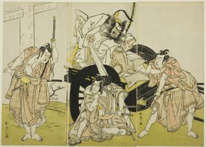 Schauspieler Nakajima Mihoemon II als Fujiwara no Shihei, Ichikawa Ebizō III als Matsuo-maru, Ichikawa Yaozō II als Sakura-maru und Ichimura Uzaemon IX als Umeo-maru in „Sugawaras Geheimnisse der Kalligraphie“ („Sugawara denju tenarai kagami“)