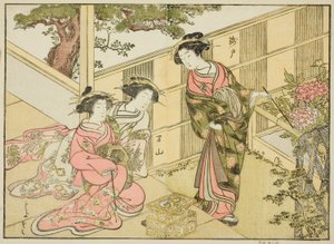 Kurtisanen des Chojiya, aus dem Buch "Ein Vergleich der Schönheiten der Grünen Häuser: Ein Spiegel ihrer Formen (Seiro bijin awase sugata kagami)," Bd. 1 von Katsukawa Shunsho
