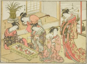 Kurtisanen des Wakanaya, aus dem Buch "Spiegel der schönen Frauen der Vergnügungsviertel (Seiro bijin awase sugata kagami)," Bd. 1 von Katsukawa Shunsho