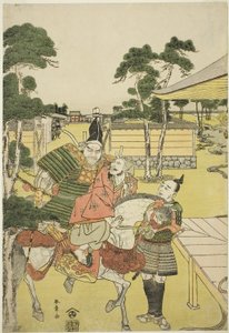Musashibo Benkei bringt den gefangenen Tosabo Shoshun zu Yoshitsune im Stück Horikawa Youchi no Zu Uki-e Nimaitsuzuki