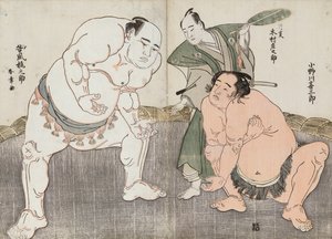 Onagawa Kisaburo und Tanikaze Kajinosuke führen den Shiriki im Dohyo auf, geleitet von Kimura Shonosuke von Katsukawa Shunsho