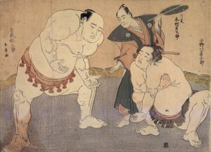 Onagawa Kisaburo und Tanikaze Kajinosuke führen den Shiriki im Dohyo auf, geleitet von Kimura Shonosuke von Katsukawa Shunsho