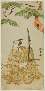 Der Schauspieler Arashi Sangoro II als Sakura-maru im Stück Sugawara Denju Tenarai Kagami, aufgeführt im Ichimura-Theater im ersten Monat, 1772