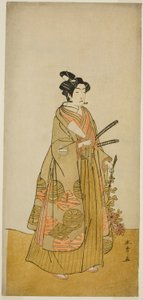Der Schauspieler Ichikawa Monnosuke II als Kichisaburo, Tempelseite von Kichijo-ji, im Stück Sono Kyodai Fuji no Sugatami, aufgeführt im Morita-Theater im zweiten Monat, 1776 von Katsukawa Shunsho