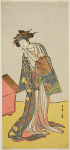 Der Schauspieler Iwai Hanshiro IV als Kurtisane Agemaki im Stück Sukeroku Yukari no Hatsu-zakura, aufgeführt im Ichimura-Theater im dritten Monat, 1776 von Katsukawa Shunsho