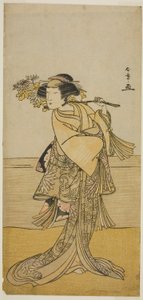Der Schauspieler Nakamura Tomijuro I als weiblicher Fuchs vom Berg Ubagadake im Stück Chigo Torii Tobiiri Kitsune, aufgeführt im Ichimura Theater im elften Monat, 1777 von Katsukawa Shunsho