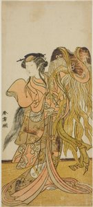 Der Schauspieler Nakamura Tomijuro I als Kurtisane Toyama von Tsuruga im Stück Keisei Tsuki no Miyako, aufgeführt im Morita-Theater im achten Monat, 1775 von Katsukawa Shunsho