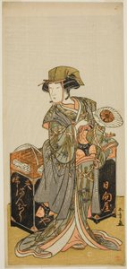Der Schauspieler Nakamura Tomijuro I als weibliche Bohnenkuchenhändlerin Hyugaya im Stück Chigo Torii Tobiiri Kitsune, aufgeführt im Ichimura-Theater im elften Monat, 1777 von Katsukawa Shunsho
