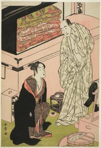 Der Schauspieler Sawamura Sojuro III (rechts), in seiner Garderobe im Gespräch mit dem Schauspieler Segawa Kikunojo III (links)