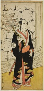 Der Schauspieler Sawamura Sojuro III als Sonobe Zaemon im Stück "Shin Usuyuki Monogatari," aufgeführt im Ichimura-Theater im achten Monat, 1779
