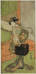 Der Schauspieler Yamashita Kinsaku II als Miyagino verkleidet als Friseur im Stück Kosode-gura no Tekubari, aufgeführt im Morita Theater im zweiten Monat, 1772 (?)