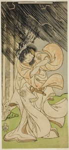 Der Schauspieler Yamashita Kinsaku II als Donnergöttin im Stück Onna Narukami, aufgeführt im Morita-Theater im ersten Monat, 1770