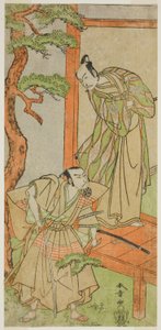 Die Schauspieler Ichikawa Danjuro V als Momonoi Wakasanosuke (rechts) und Nakamura Nakazo I als Kakogawa Honzo (links) im Stück Kanadehon Chushingura, aufgeführt im Nakamura-Theater im fünften Monat, 1771