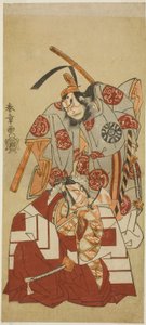 Die Schauspieler Ichikawa Danjuro V als Watanabe Kiou Takiguchi (unten) und Nakamura Nakazo I als Taira no Kiyomori (oben) in der "Shibaraku"-Szene aus dem Stück Nue no Mori Ichiyo no Mato (Wald des Nue-Monsters: Ziel des elften Monats), aufgeführt im von Katsukawa Shunsho