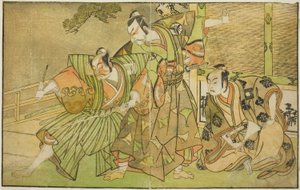 Die Schauspieler Ichikawa Komazo II als Minamoto no Yorimasa (rechts), Matsumoto Koshiro II als Osada no Taro Kagemune verkleidet als Yatsurugi Zaemon (Mitte), und Ichikawa Danzo III als I no Hayata Tadazumi (links), im Stück Nue no Mori Ichiyo no Mato, au