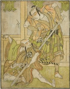 Die Schauspieler Kasaya Matakuro II als Nobuyori verkleidet als der Yakko Gunnai (rechts) und Miyazaki Hachizo als der Laienmönch Hambyo Nyudo (links), im Stück Nue no Mori Ichiyo no Mato, aufgeführt im Nakamura-Theater im elften Monat, 1770