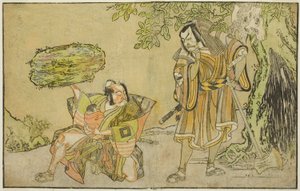 Die Schauspieler Matsumoto Koshiro II als Osada no Taro Kagemune verkleidet als Holzfäller Gankutsu no Gorozo (rechts) und Ichikawa Danzo III als I no Hayata Tadazumi (links) im Stück Nue no Mori Ichiyo no Mato, aufgeführt im Nakamura Theater im elften Mon