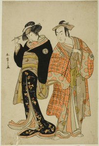 Die Schauspieler Matsumoto Koshiro IV und Segawa Kikunojo III als die Liebenden Choemon (rechts) und Ohan (links), in der Fluchtszene "Michiyuki Segawa no Adanami" (Eine Flucht: Verräterische Wellen im flachen Fluss), ein Tanzintermezzo aus dem zweiten Tei von Katsukawa Shunsho