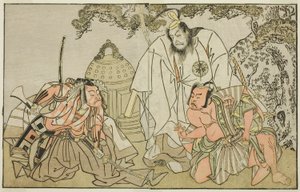 Die Schauspieler Nakajima Mihoemon II als Aramaki Mimishiro (rechts), Matsumoto Koshiro II als Otomo no Yamanushi (Mitte) und Ichikawa Danzo III als Hannya no Goro (links), im Stück Kuni no Hana Ono no Itsumoji, aufgeführt im Nakamura-Theater im elften Mon