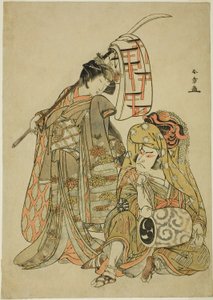 Die Schauspieler Nakamura Nakazo I als Onmaya Kisanda verkleidet als Kakubei der Löwentänzer (Kakubei-jishi) (rechts) und Segawa Kikunojo III als Shizuka Gozen (links), in der Tanzsequenz "Myoto-zake Kawaranu Nakanaka" (Ewige Harmonie des Ehebechers), aus von Katsukawa Shunsho