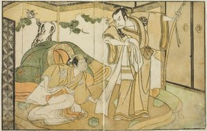 Die Schauspieler Nakamura Nakazo I als Taira no Kiyomori (rechts) und Yamashita Kinsaku II als Tokiwa Gozen (links) im Stück Nue no Mori Ichiyo no Mato, aufgeführt im Nakamura Theater im elften Monat, 1770