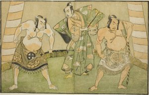 Die Schauspieler Nakamura Sukegoro II als Matano no Goro (rechts), Onoe Kikugoro I als Soga no Taro (Mitte) und Otani Hiroji III als Kawazu no Saburo (links), im Stück Myoto-giku Izu no Kisewata, aufgeführt im Ichimura-Theater im elften Monat, 1770 von Katsukawa Shunsho