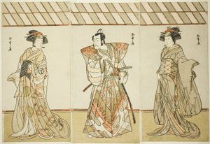 Die Schauspieler Onoe Tamizo I als Nishikigi (?) oder Otae (?) (rechts), Ichikawa Danjuro V als Miura Heidayu Kunitae (?) (Mitte), und Osagawa Tsuneyo II als Oyuki (?) (links), im Stück Date Nishiki Tsui no Yumitori (?), aufgeführt im Morita Theater (?) in von Katsukawa Shunsho