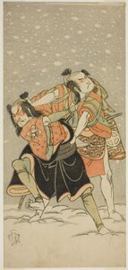 Die Schauspieler Otani Hiroji III als Kameo (rechts) und Sakata Sajuro I als Ario (links), im Stück Hime Komatsu Ne no Hi Asobi, aufgeführt im Ichimura Theater im neunten Monat, 1768 von Katsukawa Shunsho