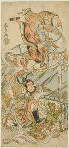 Die Schauspieler Sawamura Sojuro II als der chinesische Weise Huangshi Gong (zu Pferd) und Ichikawa Danzo III als der chinesische Krieger Zhang Liang (auf einem Drachen reitend), im Finale des Stücks Otokoyama Yunzei Kurabe (Am Berg Otoko, ein Kraftverglei