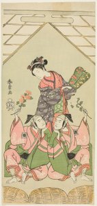 Die Schauspieler Segawa Kikunojo II als Amme Reizei, Ichikawa Komazo I als Suruga no Hachiro in der Gestalt des Shamisen-Spielers Kichiroku (rechts) und Ichikawa Yaozo II als Tada no Kurando in der Gestalt des Sänftenträgers Kichinai (links), in der Szene